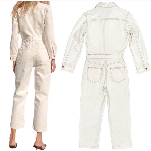 Zara Cream Ecru Utility Boilersuit Button Front Long Sleeve Jumpsuit Sz XS - Picture 2 of 13